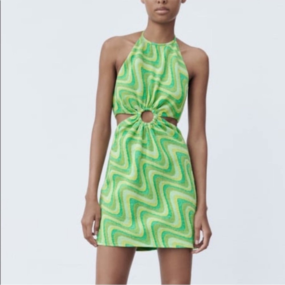 Zara Jacquard Mini Dress Halter Neck Cut-Out 70s Swirl Print Green